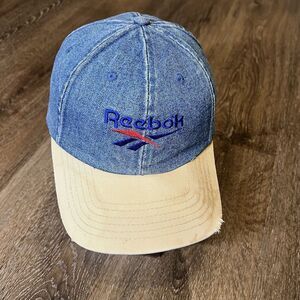 Vintage Reebok Ocean Spray Hat Denim Blue Jean Khaki‎ Juice Gym Promo Faded READ